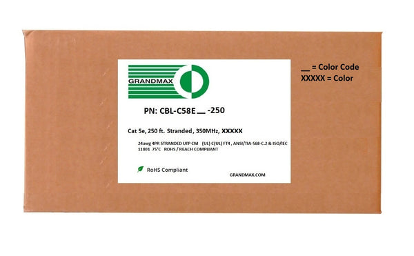 Cat5e Bulk Cable - Stranded Unshielded, 350Mhz, UTP, CM, Bare Copper Wire, 24AWG, 250ft