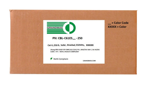 Cat6 Bulk Cable - Solid Shielded, 550Mhz, STP, CMR (Riser Rated), Bare Copper Wire, 24AWG, 250ft