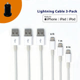 MFi Lightning to USB A 2.0 Charging and Syncing Cable - 3 Pack [1M/6FT/6INCH] with Free Car or Wall Charger