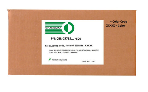 Cat5e Bulk Cable - Solid Shielded, 350Mhz, STP, CMR (Riser Rated), Bare Copper Wire, 24AWG, 500FT