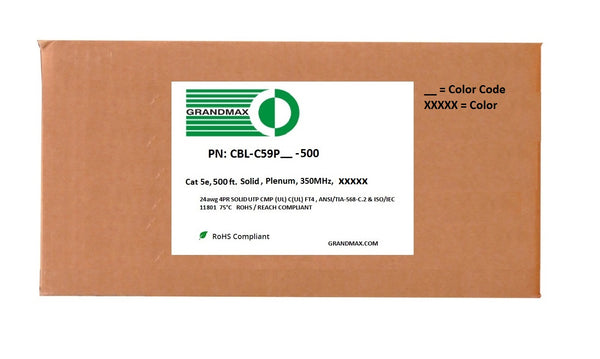 Cat5e Bulk Cable - Solid, 350Mhz, CMP (Plenum), Bare Copper Wire, 24AWG, 500ft