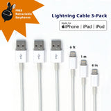 MFi Lightning to USB A 2.0 Charging and Syncing Cable - 3 Pack [1M/6FT/6INCH] with Free Retractable Earphones